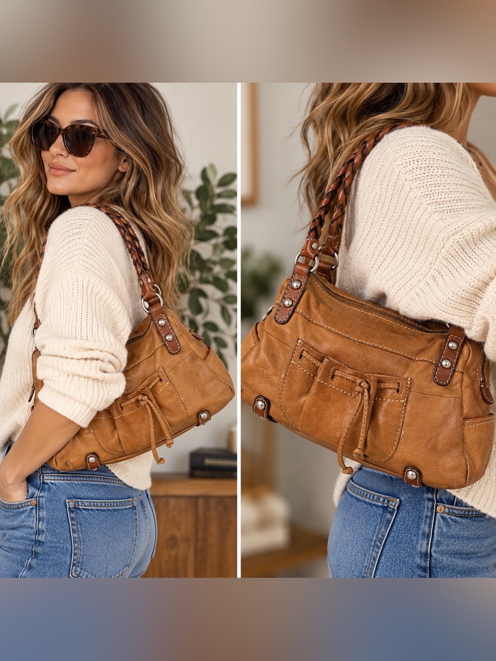 Fossil Cognac Brown Leather Hobo Shoulder Bag – Braided Handles